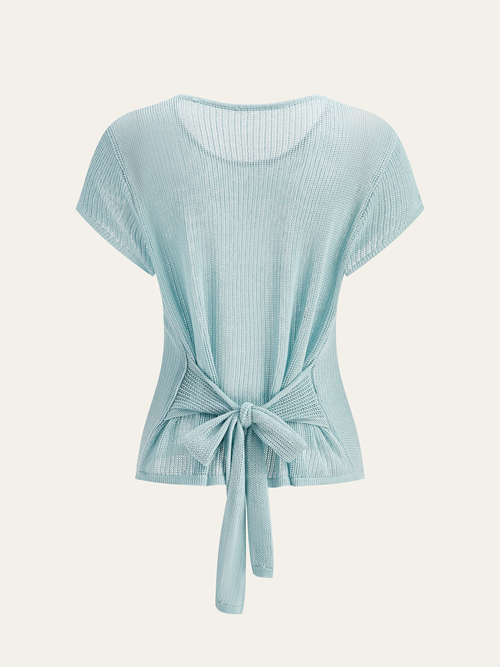 Waffle-Knit Top with Back Tie Detail