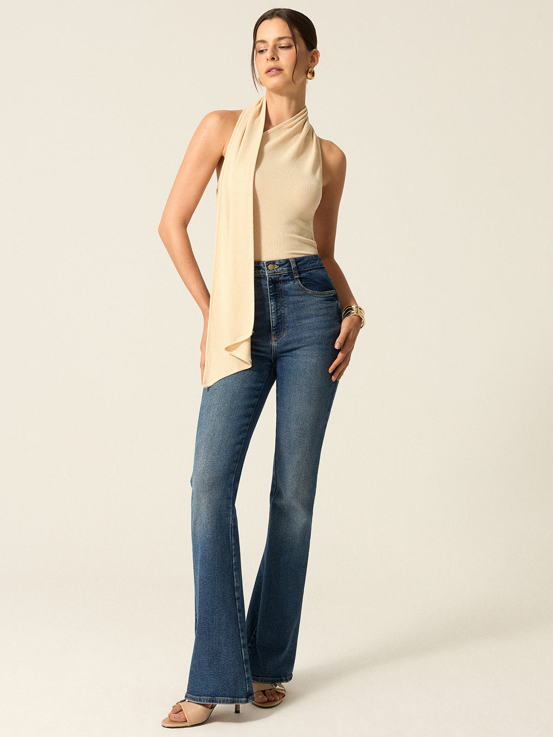 Halter Backless Top with Draped Scarf Detail