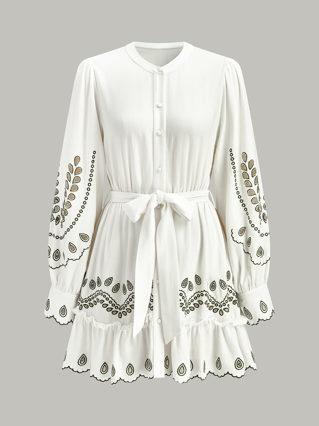 Linen & Cotton Embroidered Belted Mini Dress