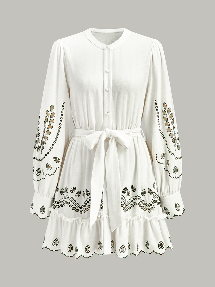 Linen & Cotton Embroidered Belted Mini Dress