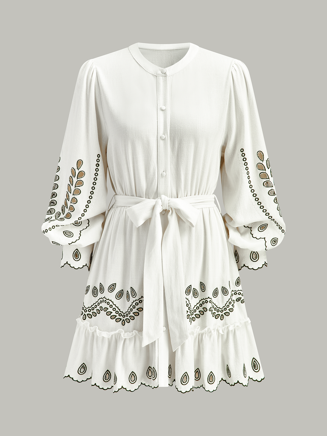 Linen & Cotton Embroidered Belted Mini Dress