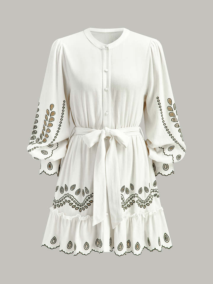 Linen & Cotton Embroidered Belted Mini Dress