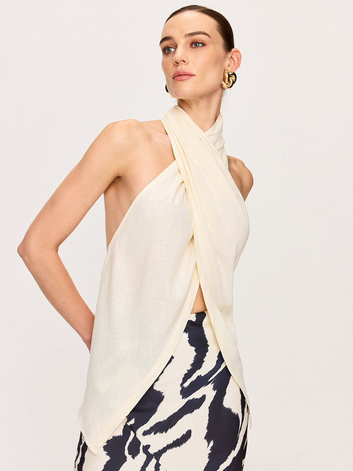 Semi-Sheer Cross-Halter Neck Wrap Top