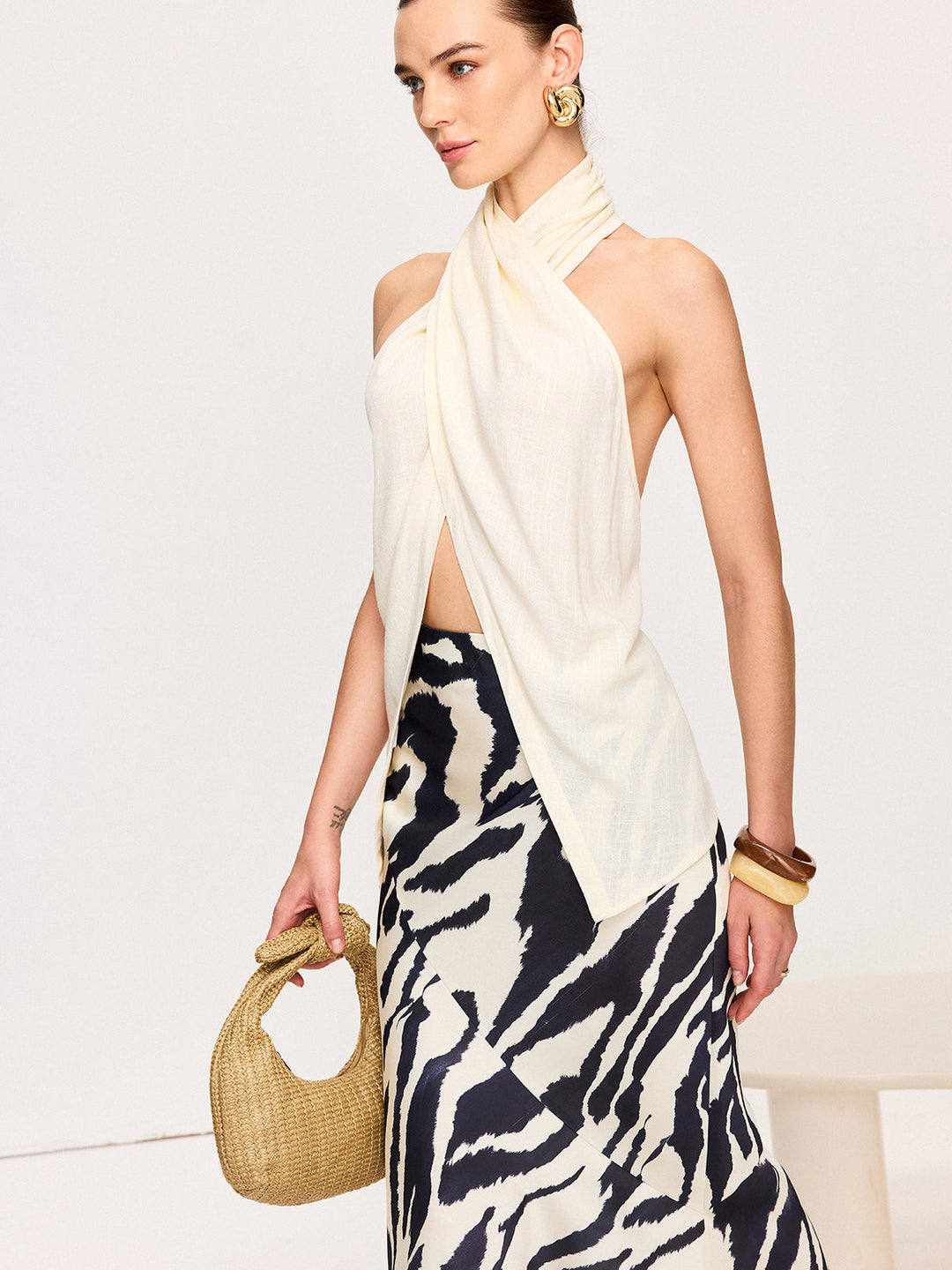 Semi-Sheer Cross-Halter Neck Wrap Top