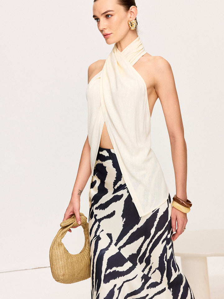 Semi-Sheer Cross-Halter Neck Wrap Top