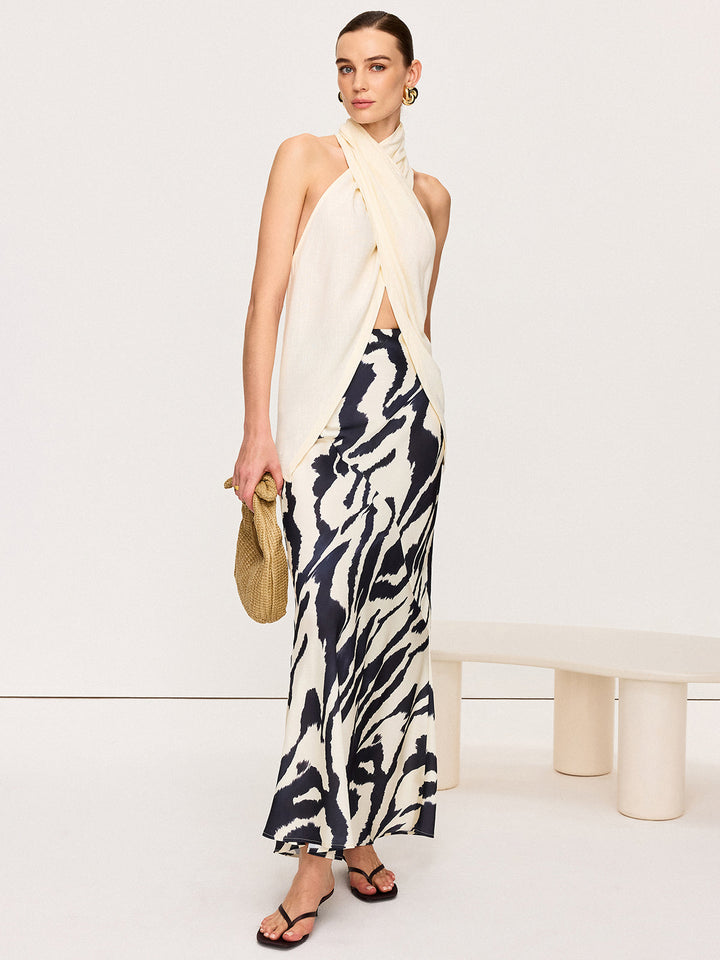 Semi-Sheer Cross-Halter Neck Wrap Top