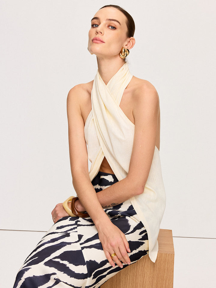 Semi-Sheer Cross-Halter Neck Wrap Top