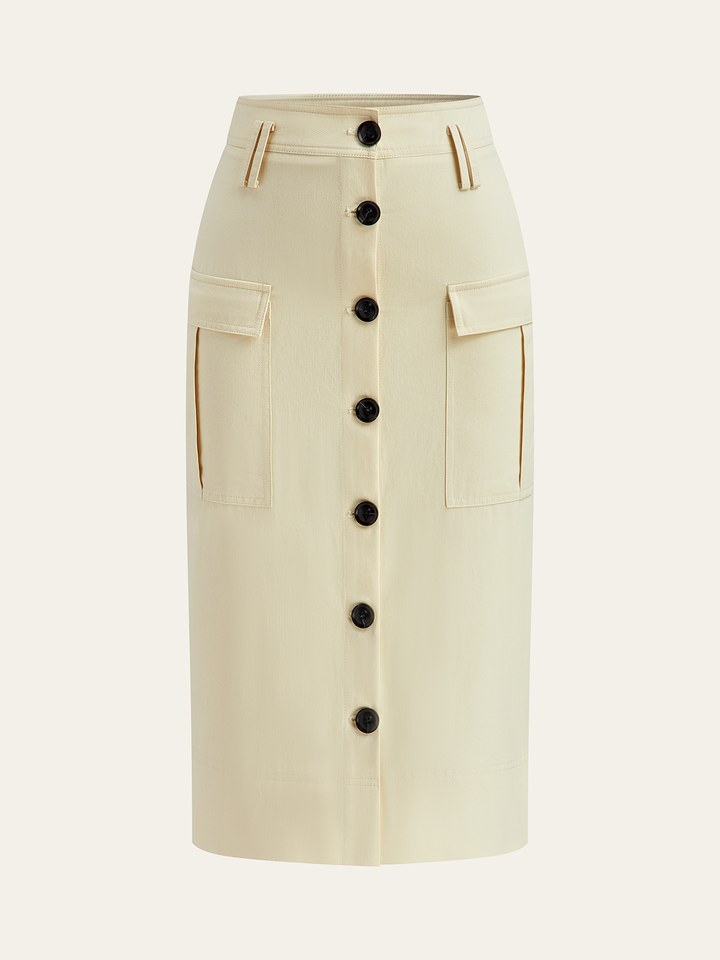 Pocketed Button-Front Midi Skirt