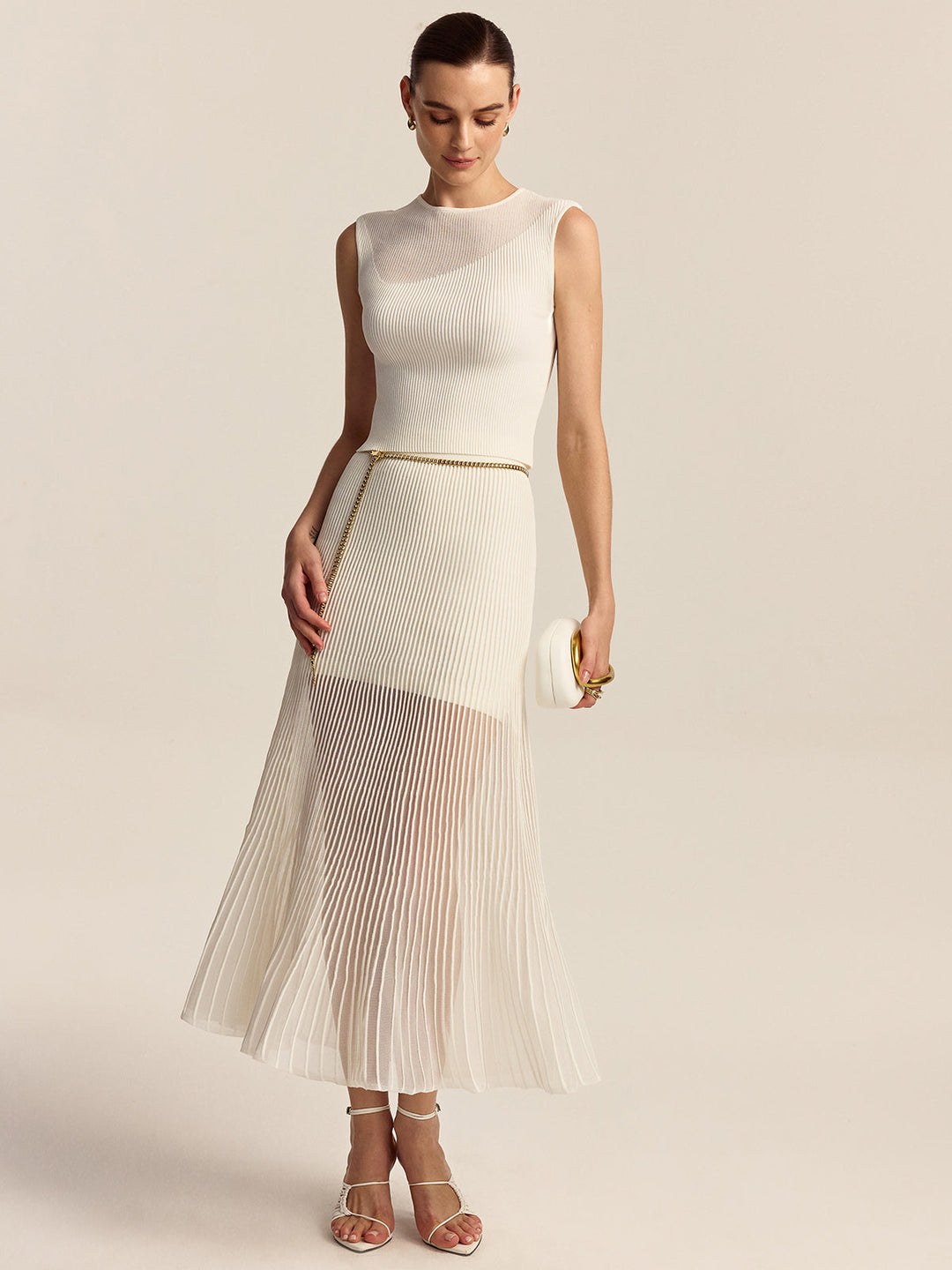 Semi-Sheer Pleated Midi Skirt