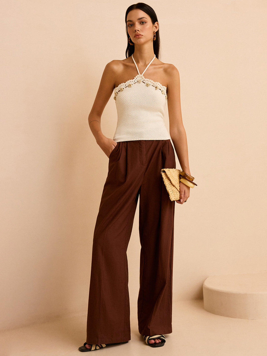 Crochet Halter Top with Floral Trim