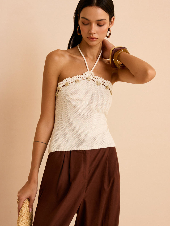 Crochet Halter Top with Floral Trim