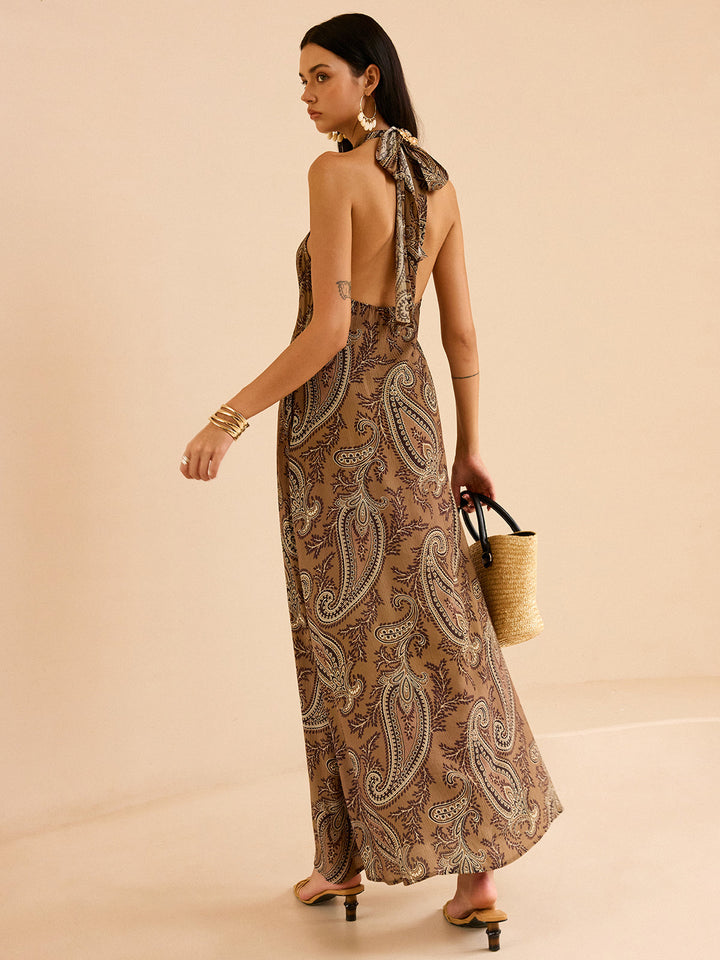 Paisley Print Halter Backless Maxi Dress