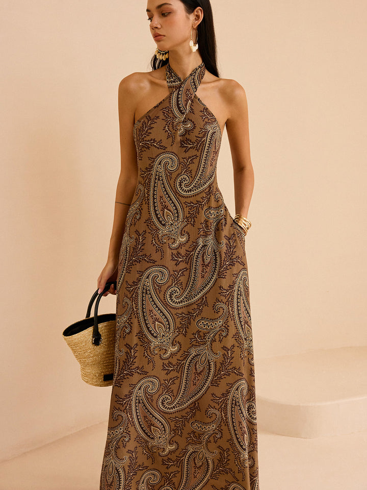 Paisley Print Halter Backless Maxi Dress