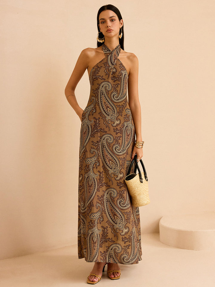 Paisley Print Halter Backless Maxi Dress
