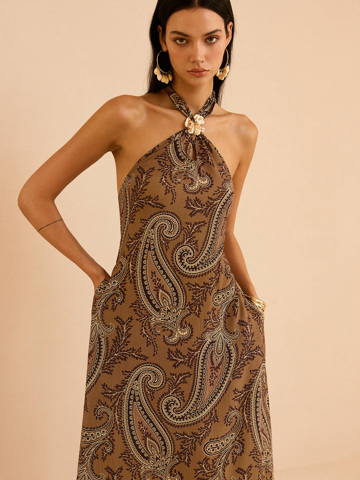 Paisley Print Halter Backless Maxi Dress