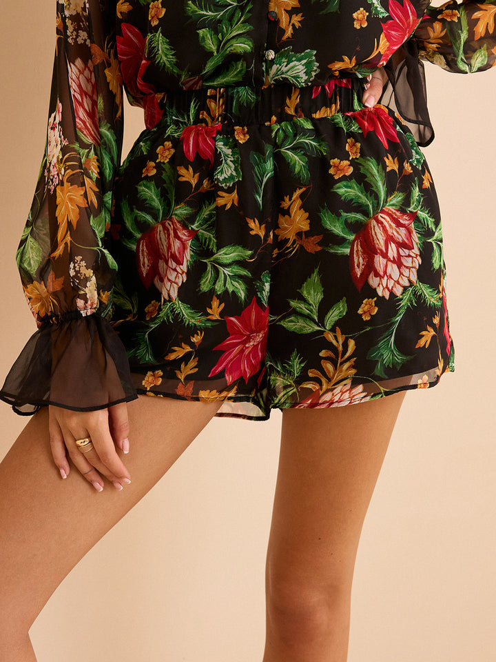 Chiffon Floral Print Elastic Waist Shorts