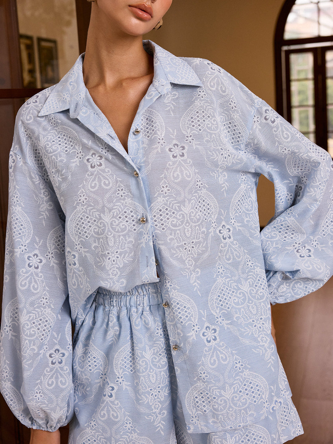 Textured Embroidered Fabric Shorts set