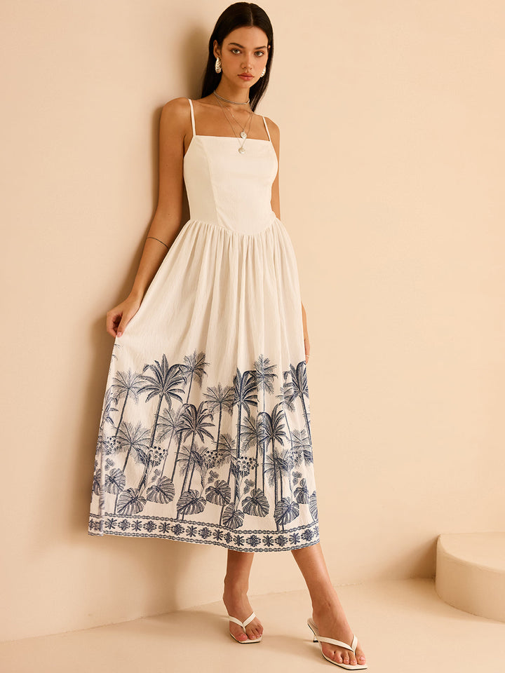 Semi-Sheer Tropical Palm Print Tie-Back Maxi Dress