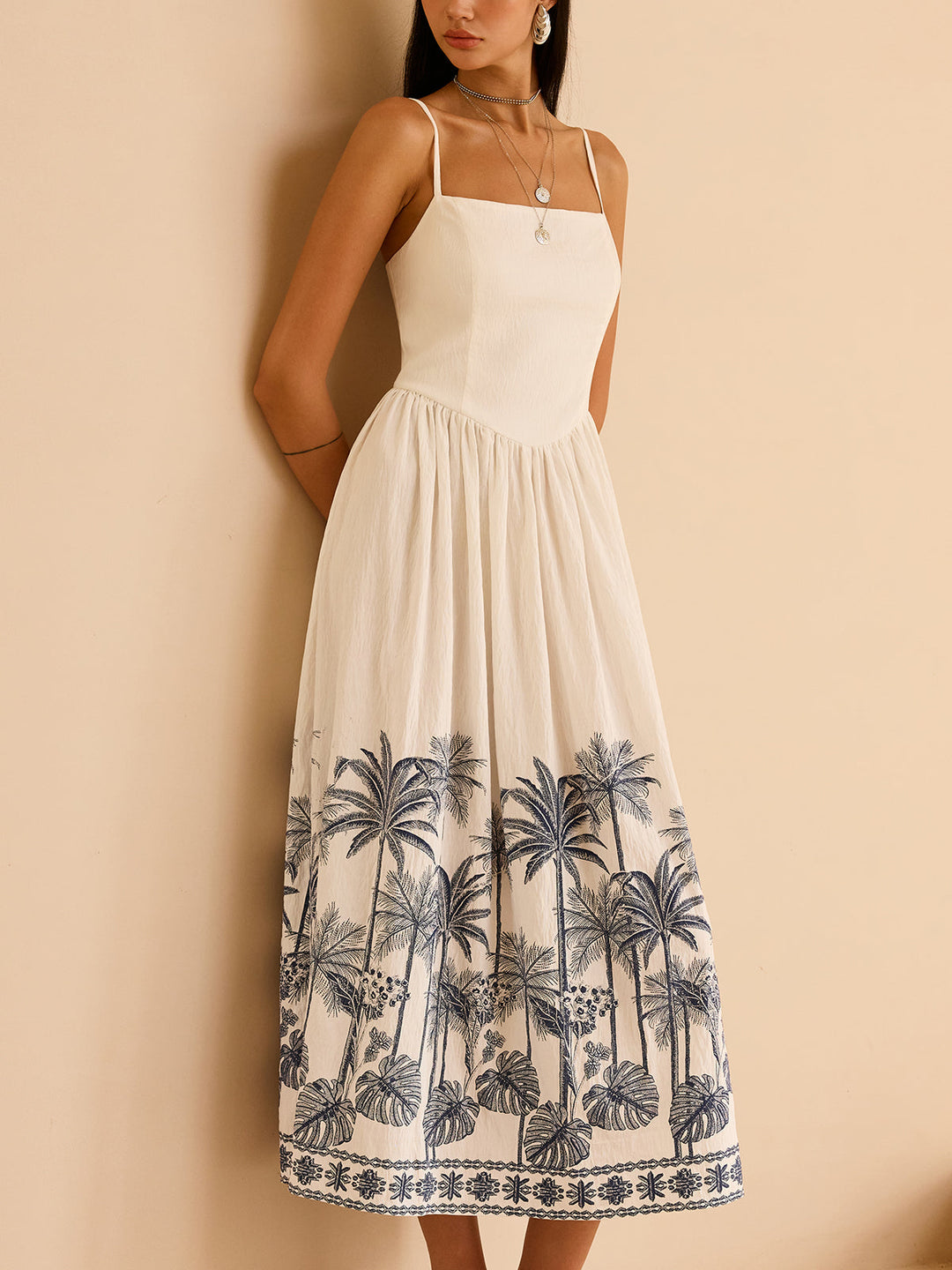 Semi-Sheer Tropical Palm Print Tie-Back Maxi Dress