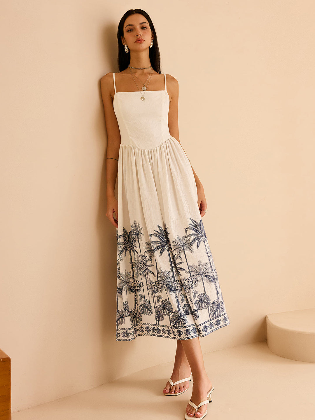 Semi-Sheer Tropical Palm Print Tie-Back Maxi Dress