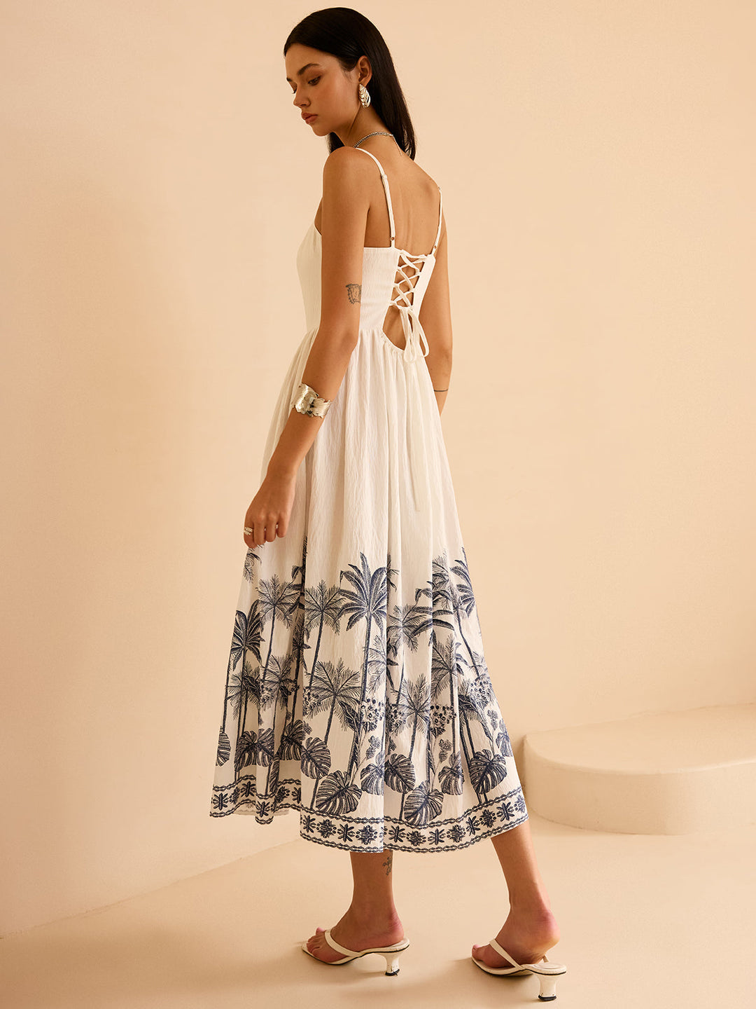 Semi-Sheer Tropical Palm Print Tie-Back Maxi Dress