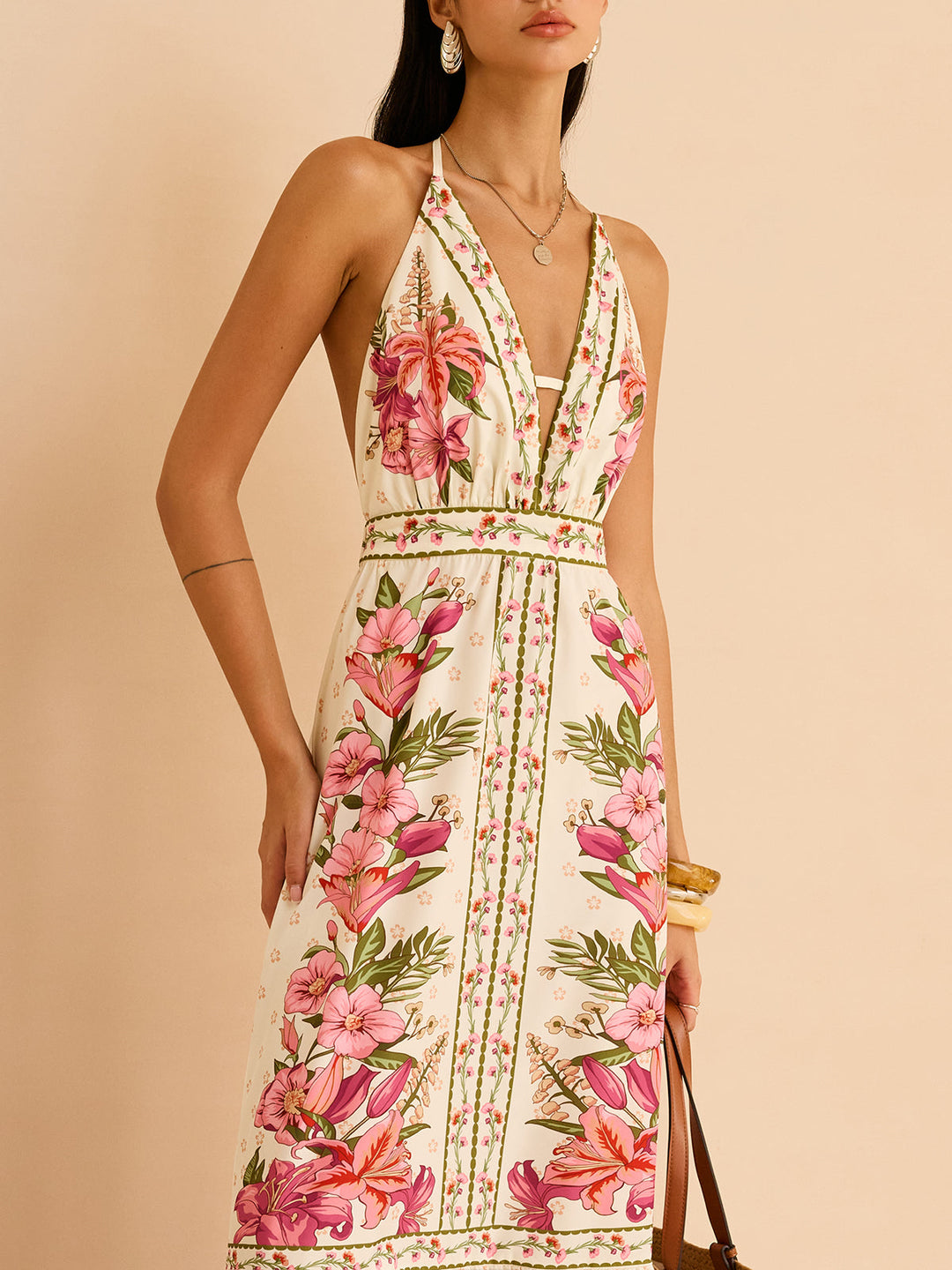 Floral Print Halter Backless Maxi Dress