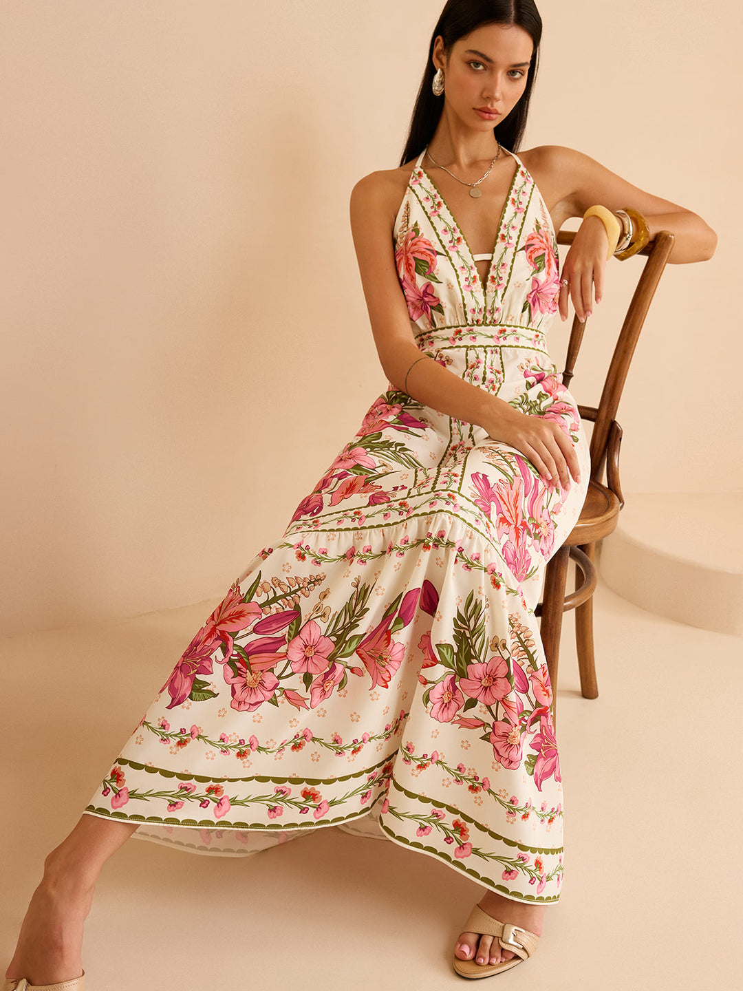 Floral Print Halter Backless Maxi Dress