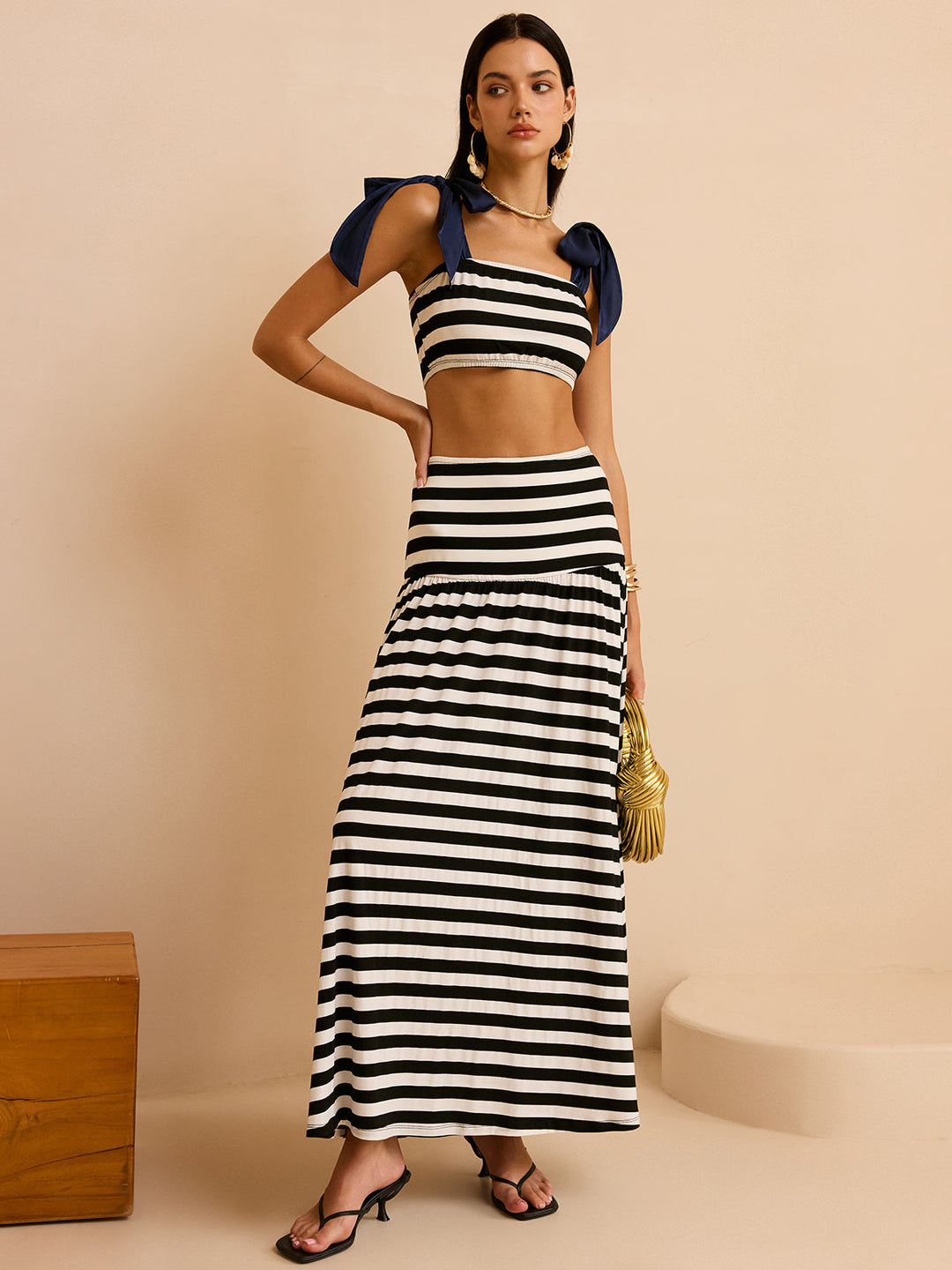 Striped Skirt Set with Bow Straps
