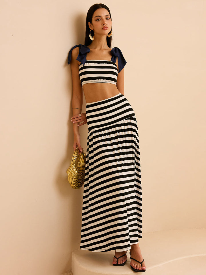 Striped Skirt Set with Bow Straps