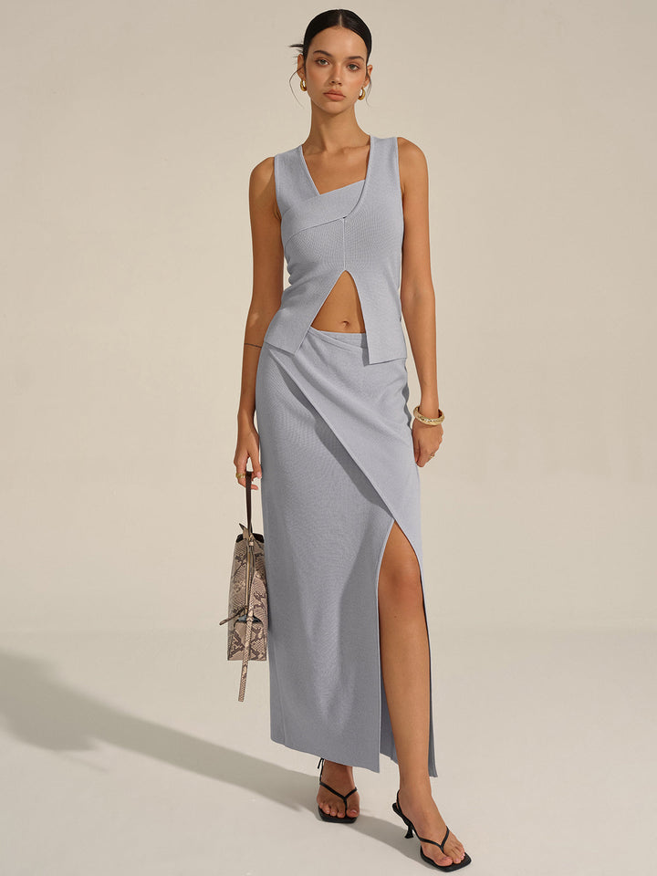 Asymmetrical Slit Knit Skirt Set