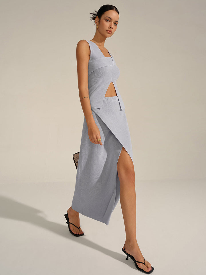 Asymmetrical Slit Knit Skirt Set