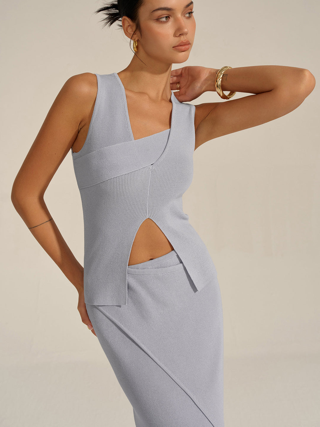 Asymmetrical Slit Knit Skirt Set