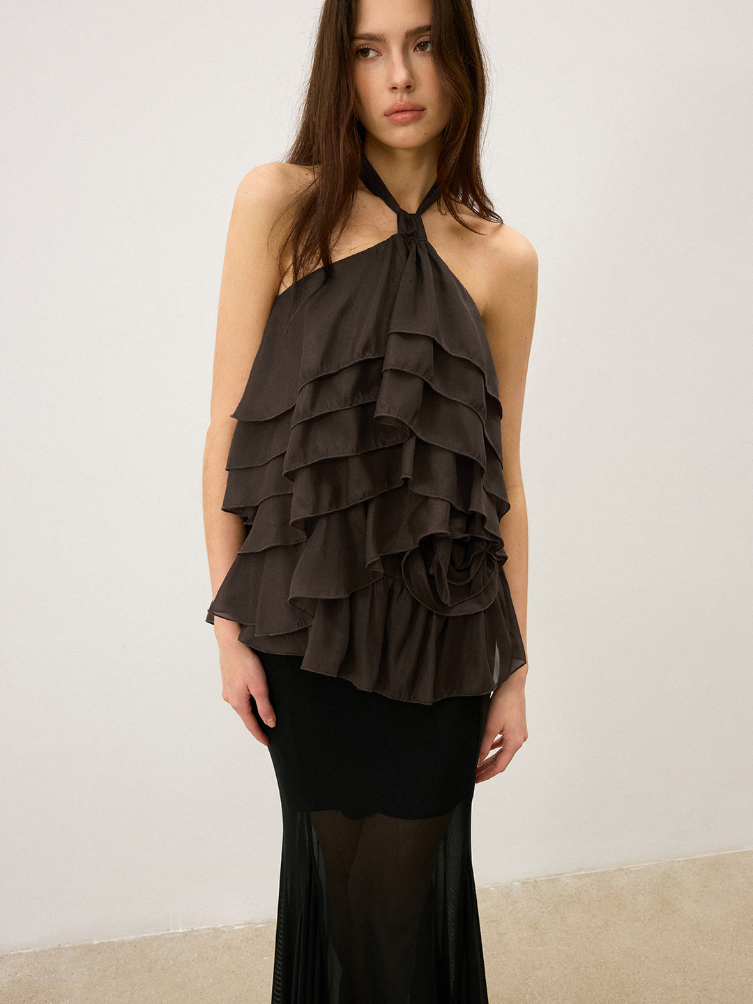 Tiered Ruffle Chiffon Halter Top with 3D Flower