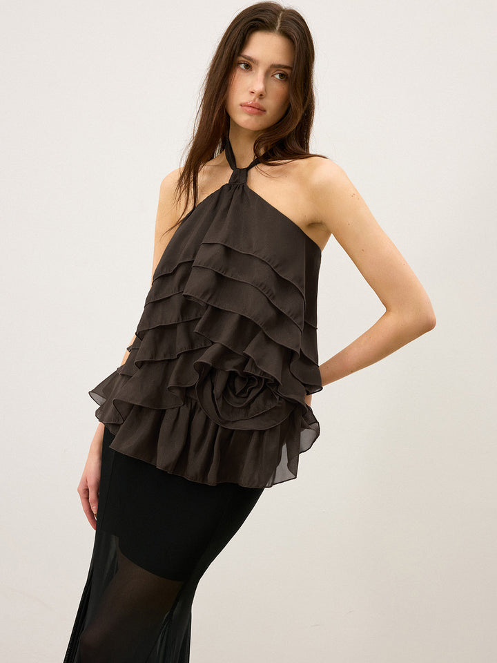 Tiered Ruffle Chiffon Halter Top with 3D Flower