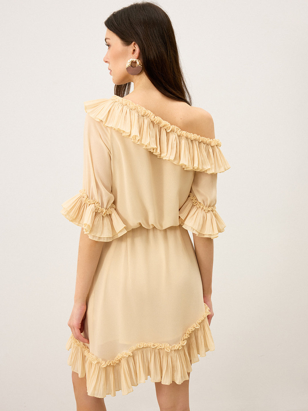Semi-Sheer Chiffon One-Shoulder Ruffled Mini Dress