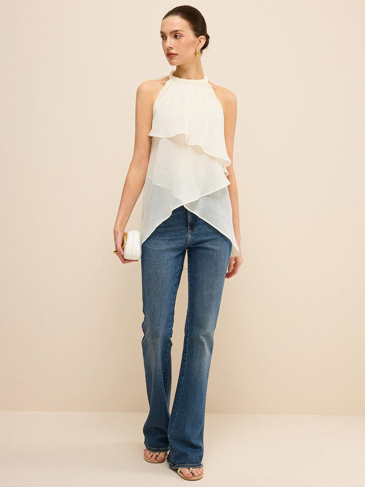 Semi-Sheer Layered Asymmetric Halter Chiffon Top