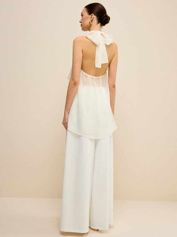 Semi-Sheer Layered Asymmetric Halter Chiffon Top