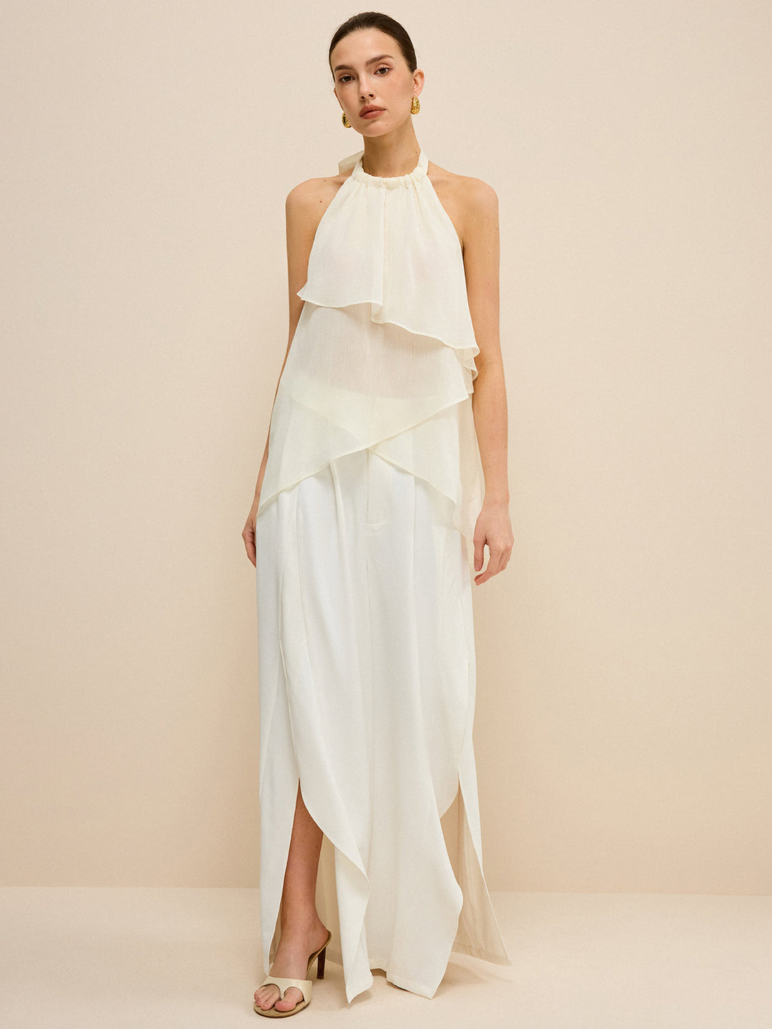 Mid-Waisted Wide-Leg Pants with Side Slits