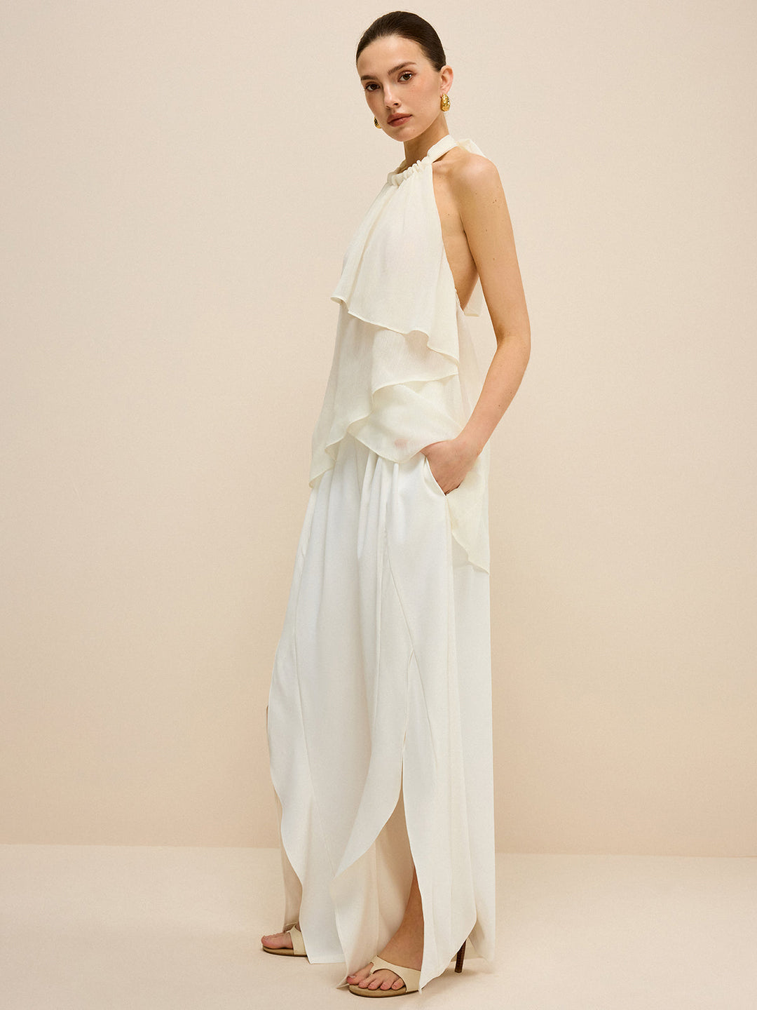 Mid-Waisted Wide-Leg Pants with Side Slits