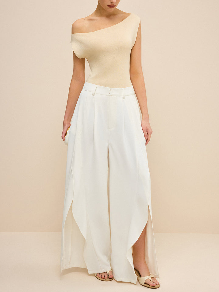 Mid-Waisted Wide-Leg Pants with Side Slits