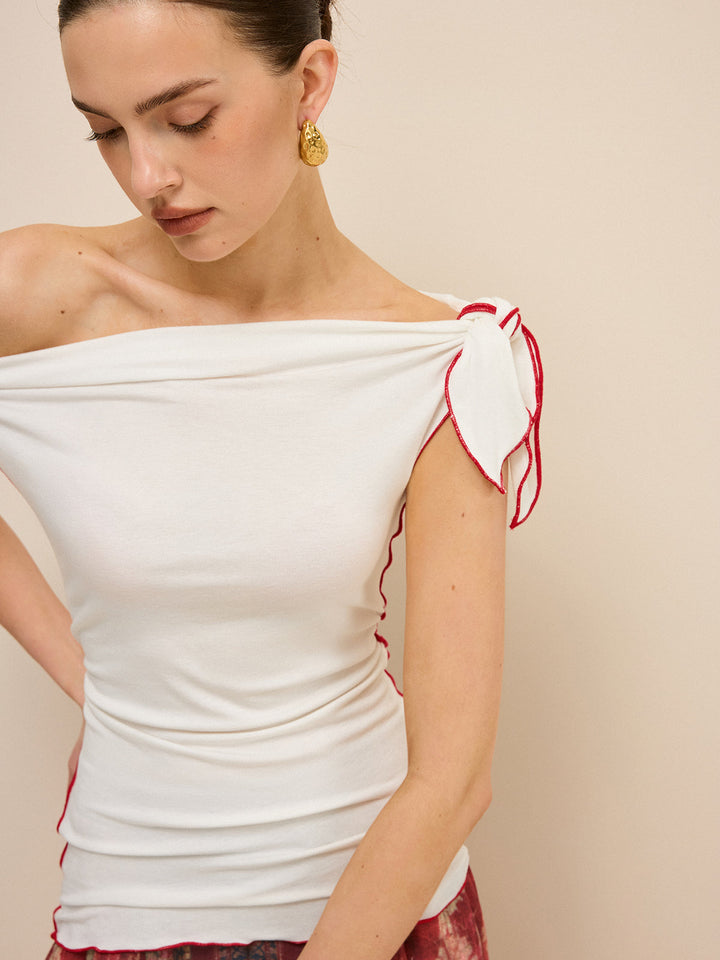 Off-Shoulder Contrast Trim Knotted Top