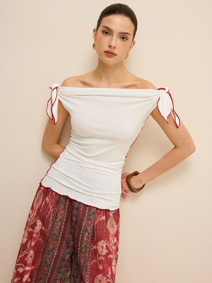 Off-Shoulder Contrast Trim Knotted Top