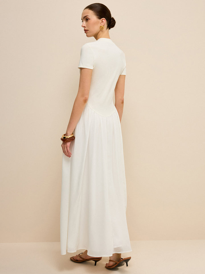 Button-Placket V-Neck Maxi Dress