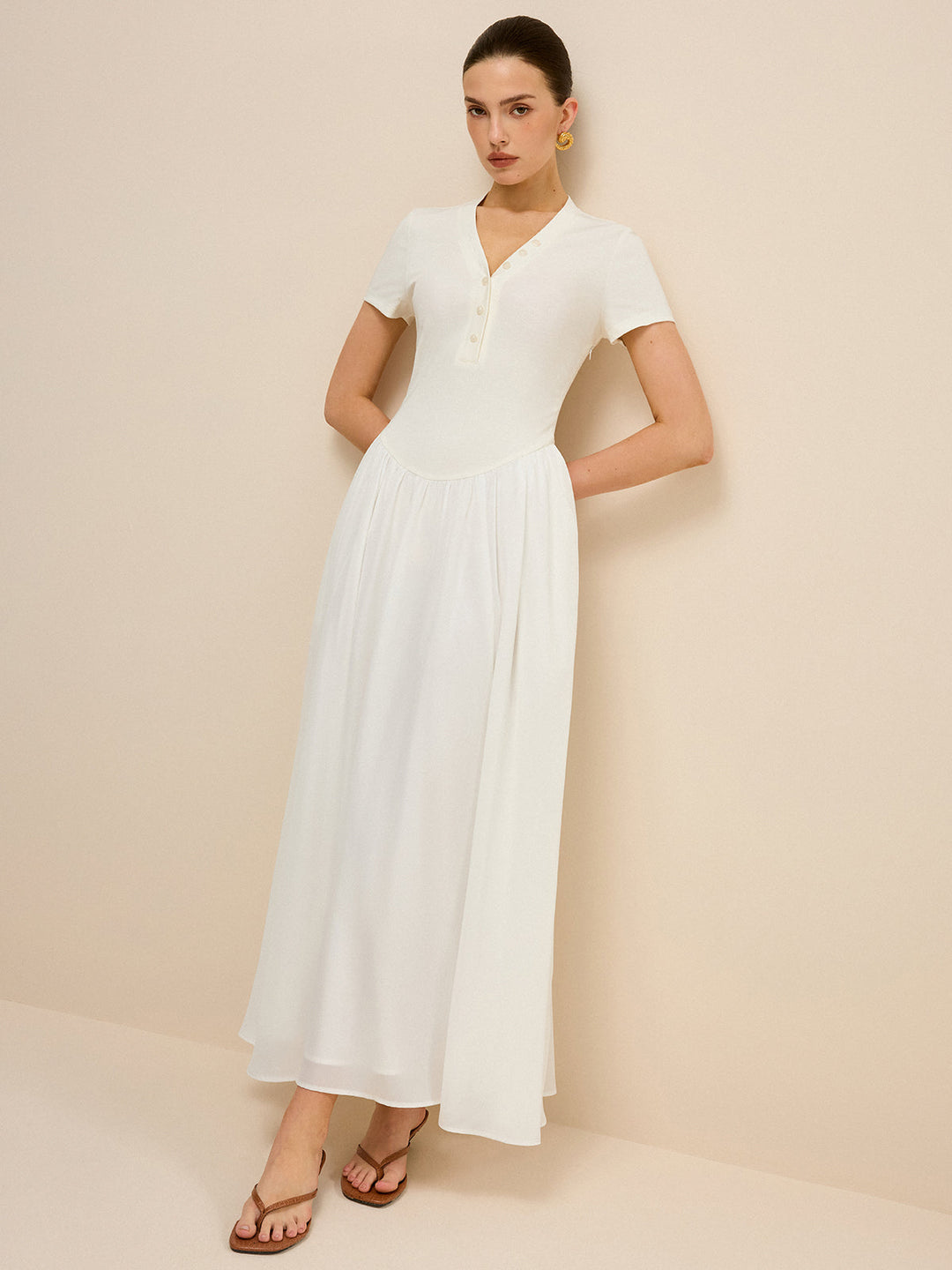 Button-Placket V-Neck Maxi Dress