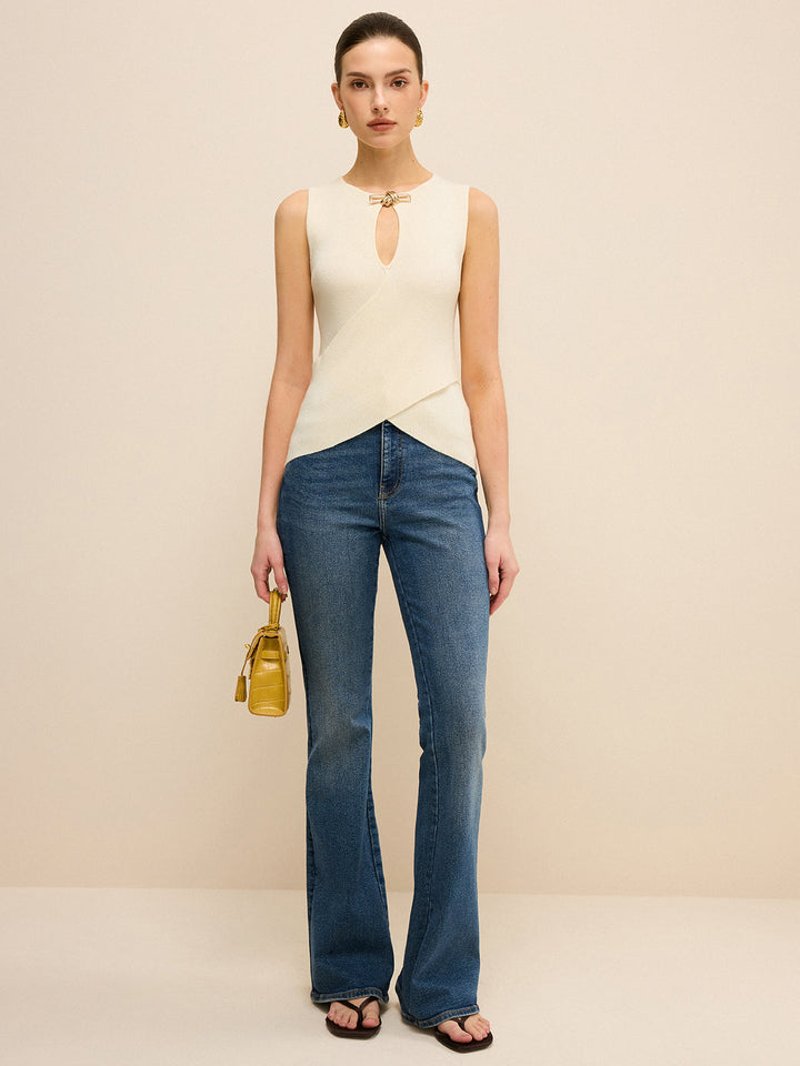 Cut-Out Sleeveless Knit Top with Cross-Over Design