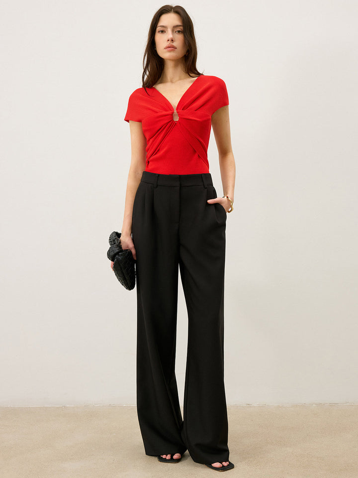 Twist Front Cut-Out V-Neck Knit Top