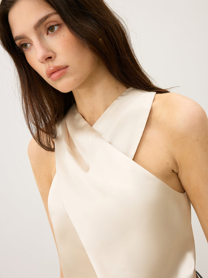 Satin Cross-Over Collar Tank Top