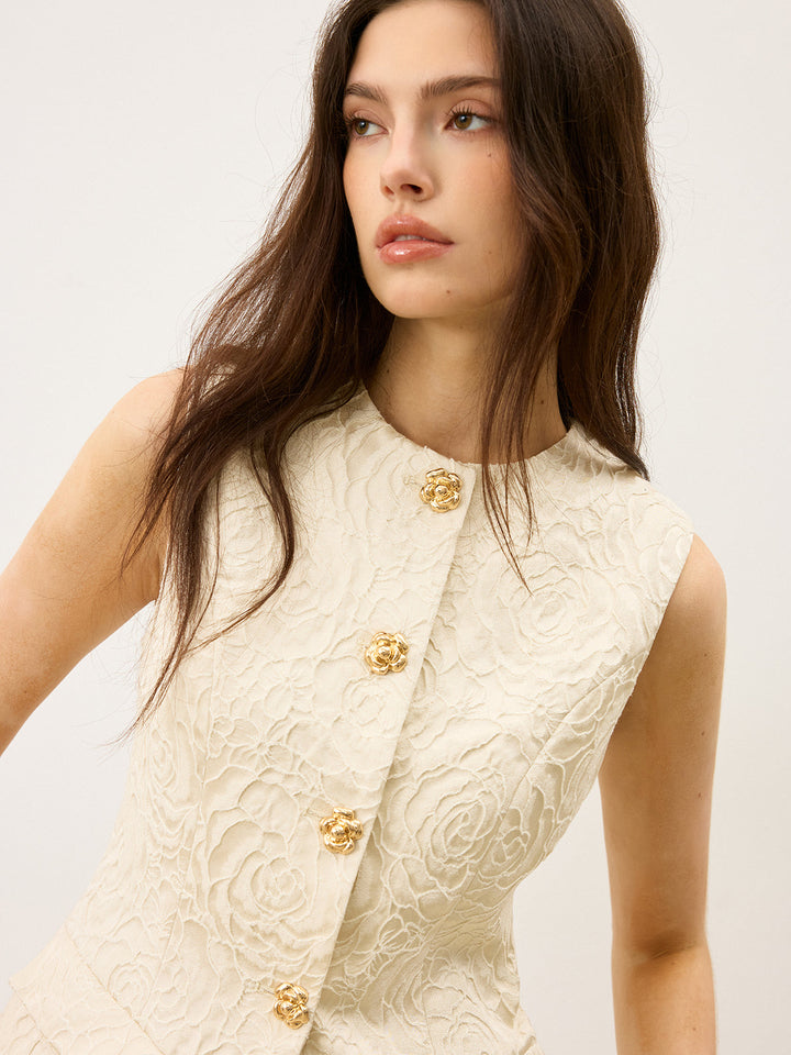 Textured Jacquard Vest with Metal Button