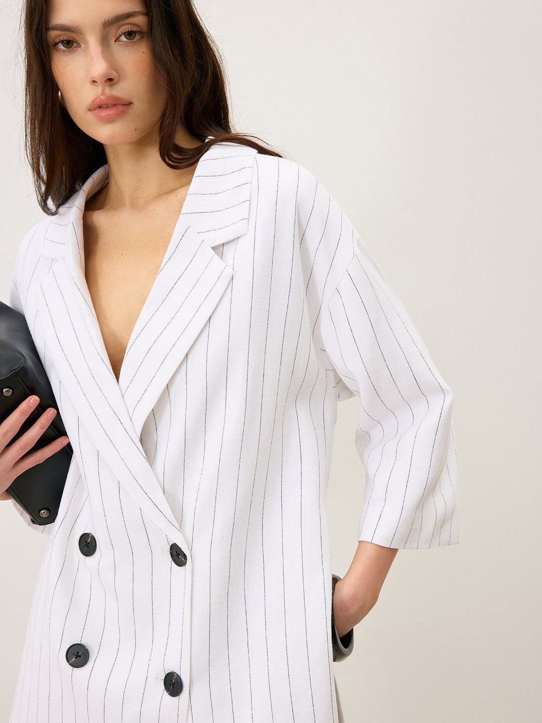 Linen&Cotton Oversized Striped Side Slit Double-Breasted Blazer