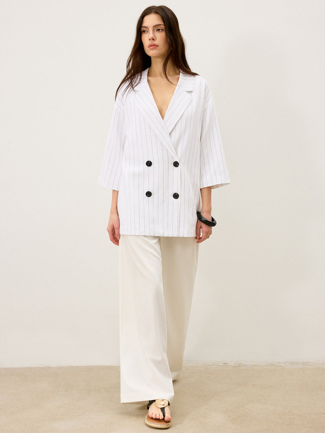 Linen&Cotton Oversized Striped Side Slit Double-Breasted Blazer